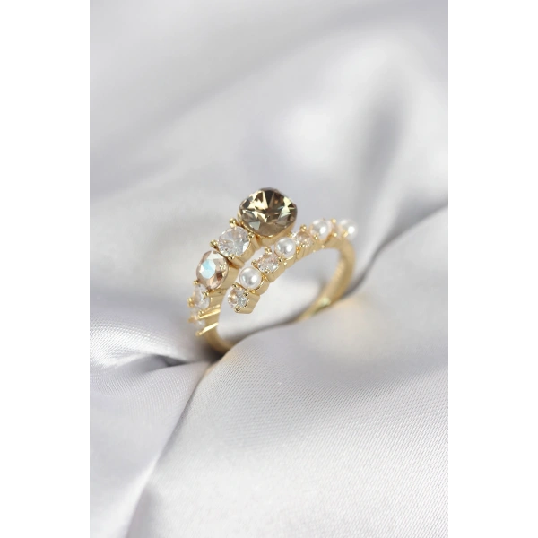 Gold Renk Pirinç Zirkon Taşlı İncili Kadın Yüzük