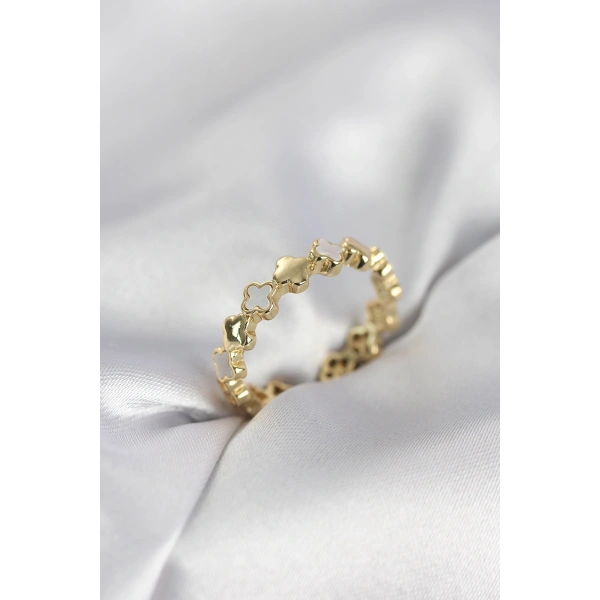 Gold Renk Sedefli Yonca Model Kadın Yüzük