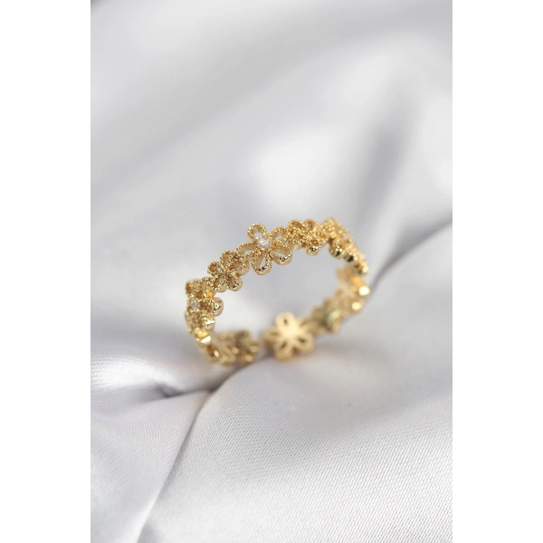 Gold Renk Sıralı Çiçek Model Zirkon Taşlı Kadın Yüzük