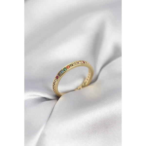 Gold Renk Sıralı Renkli Zirkon Taşlı Kadın Yüzük