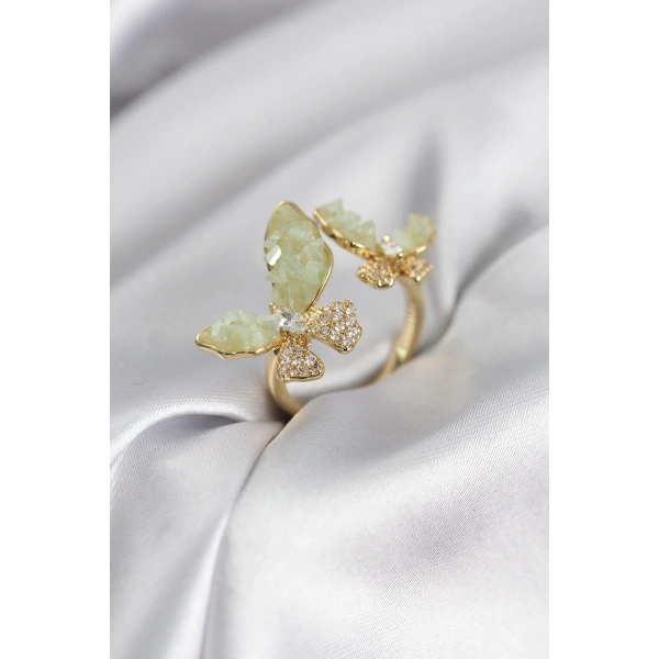 Gold Renk Su Yeşili Kelebek Model Zirkon Taşlı Kadın Yüzük