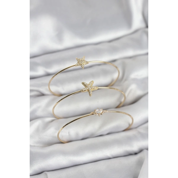 Gold Renk Zirkon Taşlı Deniz Yıldızı Model 3lü Kadın Bileklik Kombini