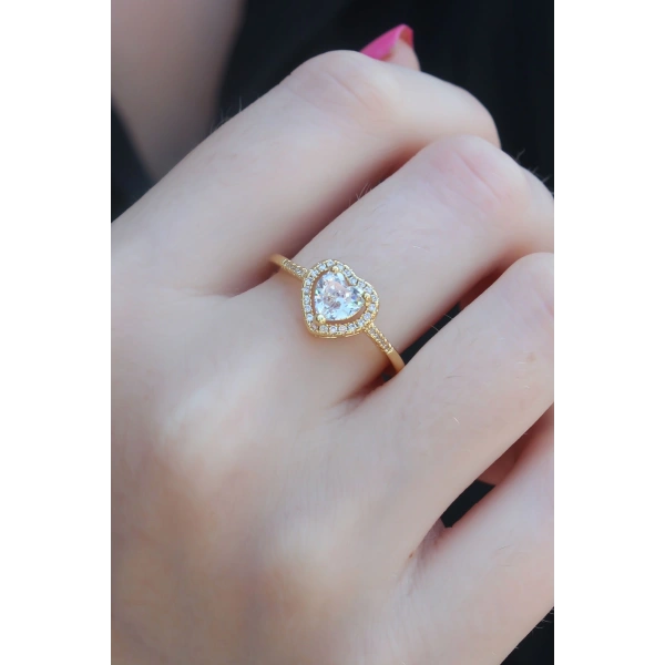 Gold Renk Zirkon Taşlı Kalp Model Charm Pirinç Kadın Yüzük