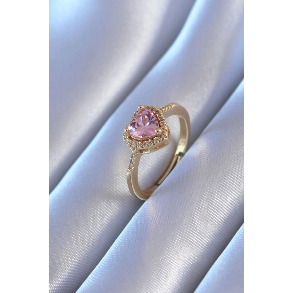 Gold Renk Zirkon Taşlı Kalp Model Pirinç Charm Kadın Yüzük