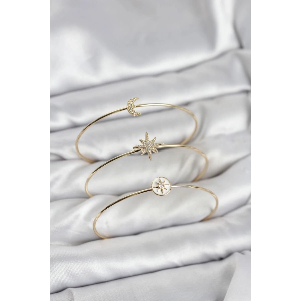 Gold Renk Zirkon Taşlı Kutup Yıldızı Model 3lü Kadın Bileklik Kombini