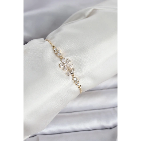 Gold Renk Zirkon Taşlı Papatya Model Asansörlü Kadın Bileklik