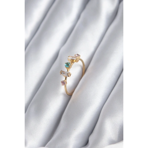 Gold Renk Zirkon Taşlı Renkli Zirkon Taşlı Kadın Yüzük
