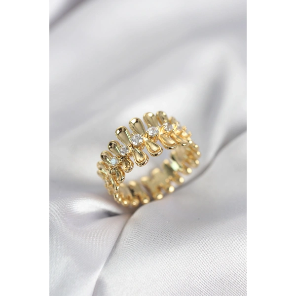 Gold Renk Zirkon Taşlı Sıralı Damla Model Kadın Yüzük