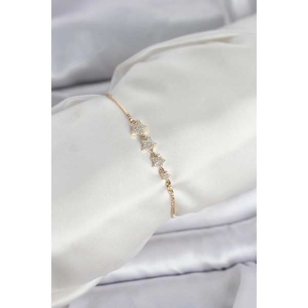 Gold Renk Zirkon Taşlı Yıldız Model Asansörlü Kadın Bileklik