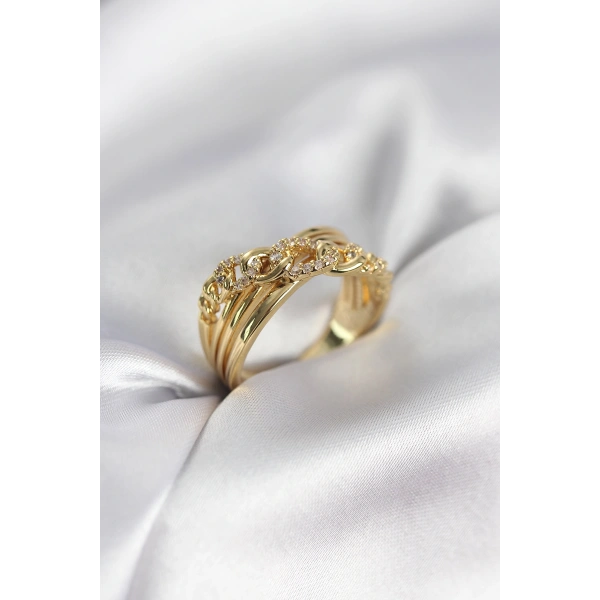 Gold Renk Zirkon Taşlı Zincir Model Kadın Yüzük