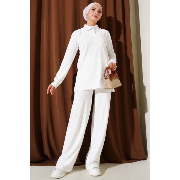 Gömlek Yaka Fitilli Salaş İkili Takım beyaz T4300