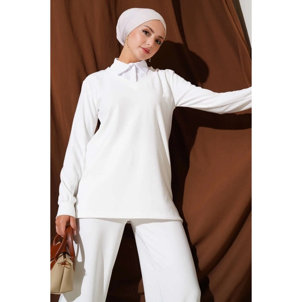 Gömlek Yaka Fitilli Salaş İkili Takım beyaz T4300