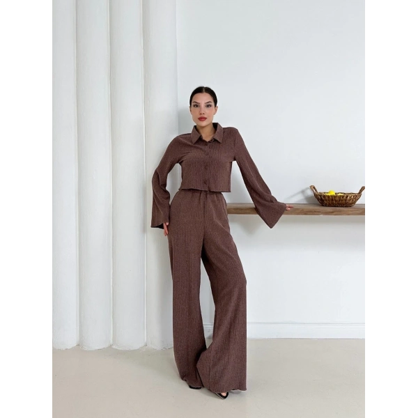 Gömlek yaka kaplama düğmeli takım kahve st265866