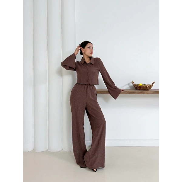 Gömlek yaka kaplama düğmeli takım kahve st265866