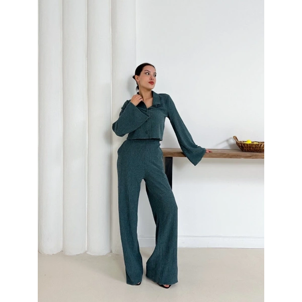 Gömlek yaka kaplama düğmeli takım petrol yeşili st265866