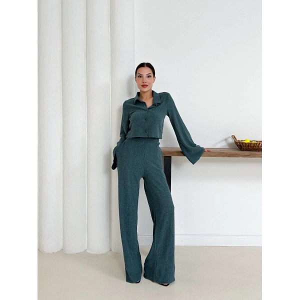 Gömlek yaka kaplama düğmeli takım petrol yeşili st265866