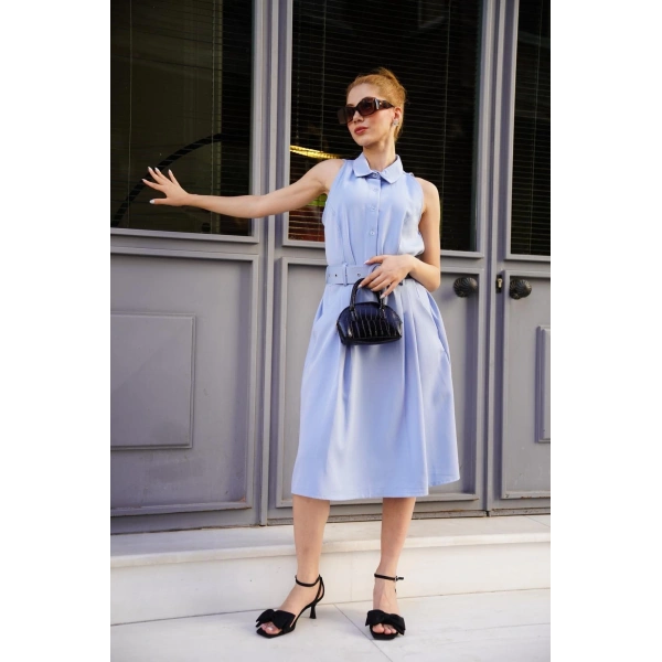 Gömlek yaka kemerli elbise mavi s255061