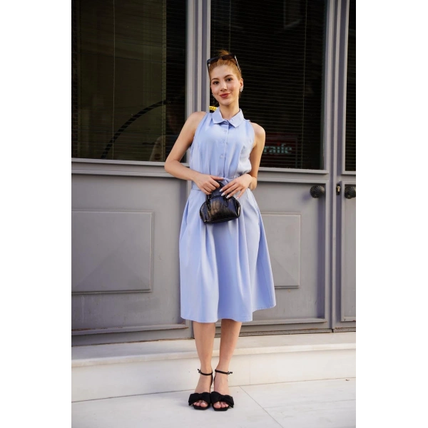 Gömlek yaka kemerli elbise mavi s255061