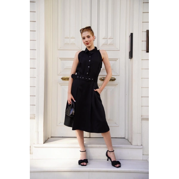 Gömlek yaka kemerli elbise siyah s255061