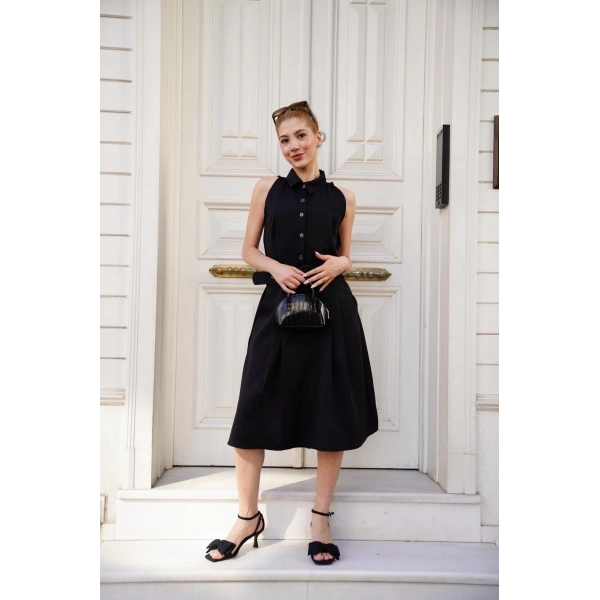 Gömlek yaka kemerli elbise siyah s255061