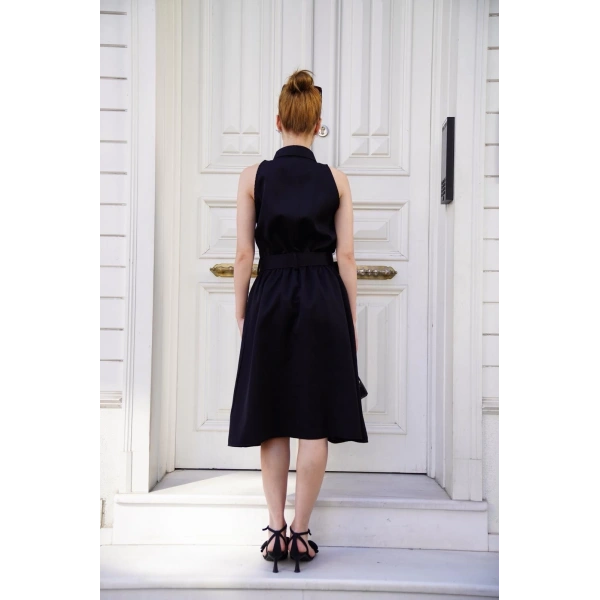 Gömlek yaka kemerli elbise siyah s255061