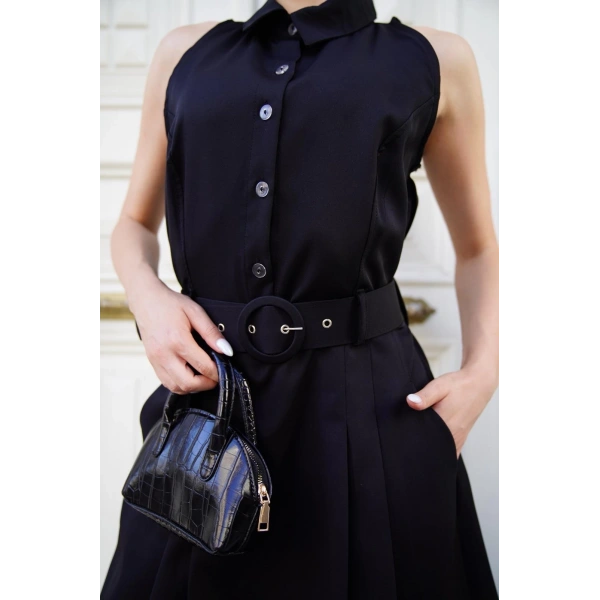 Gömlek yaka kemerli elbise siyah s255061