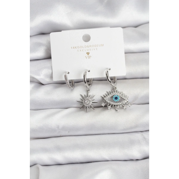 Göz Model Gümüş Renk Pirinç 3lü Kadın Küpe Seti