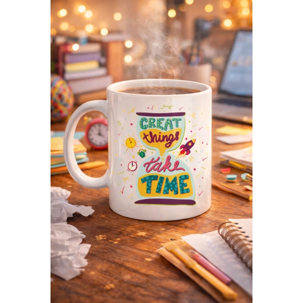 Great Things Take Time Porselen Kupa MODEL 130 – Motivasyon Mesajlı Renkli Kupa, İlham Veren Kahve & Çay Kupası