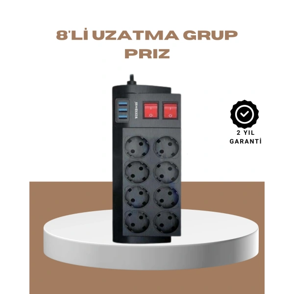 Güçlü Termal Korumalı 8 Priz + 3 USB Çoklu Uzatma Kablosu 2m