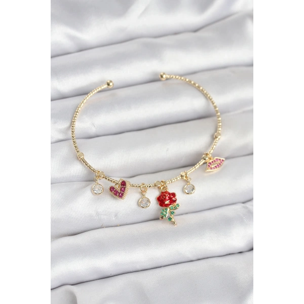 Gül Charmlı Gold Renk Pirinç Kadın Bileklik