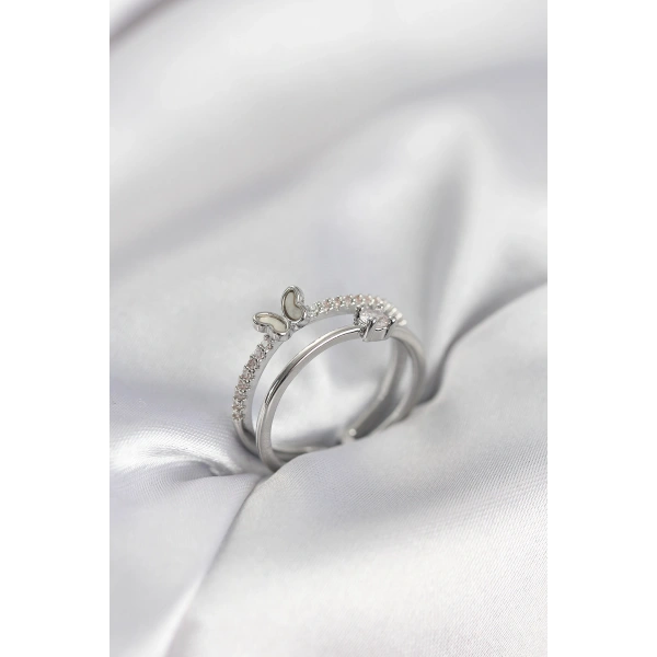 Gümüş Renk 2li Zirkon Taşlı Kelebek Model Kadın Yüzük