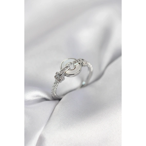 Gümüş Renk Daire Form Sedef ve Zirkon Taşlı Kadın Yüzük