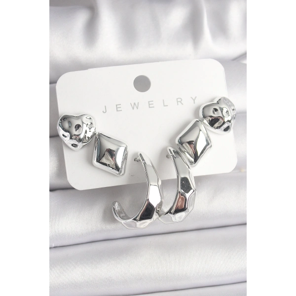 Gümüş Renk Kalp Halka Figür CCB Plastik Kadın Küpe Seti