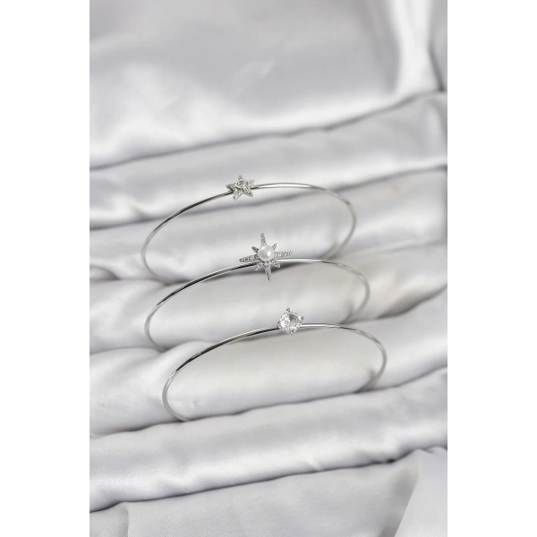 Gümüş Renk Kutup Yıldızı Model Zirkon Taşlı 3lü Kadın Bileklik Kombini