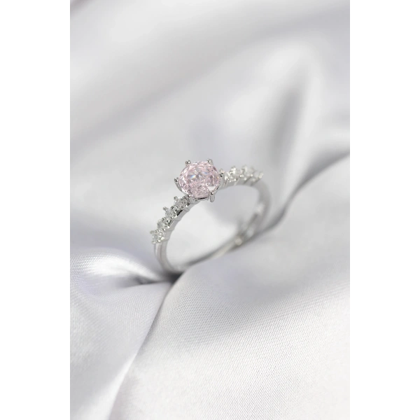 Gümüş Renk Pembe Tek Taş Model Zirkon Taşlı Kadın Yüzük