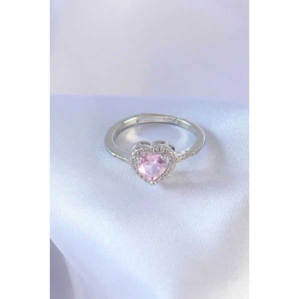 Gümüş Renk Pembe Zirkon Taşlı Kalp Charm Model Pirinç Kadın Yüzük
