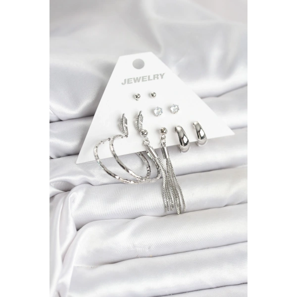 Gümüş Renk Pirinç 6 Çiftli Kadın Küpe Seti