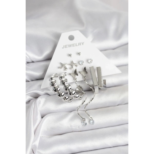 Gümüş Renk Pirinç 6lı Kadın Küpe Seti