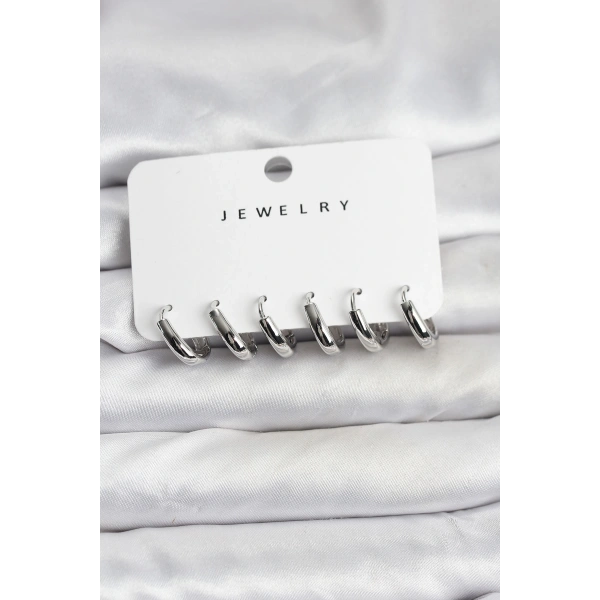 Gümüş Renk Pirinç Halka Kadın Küpe Seti