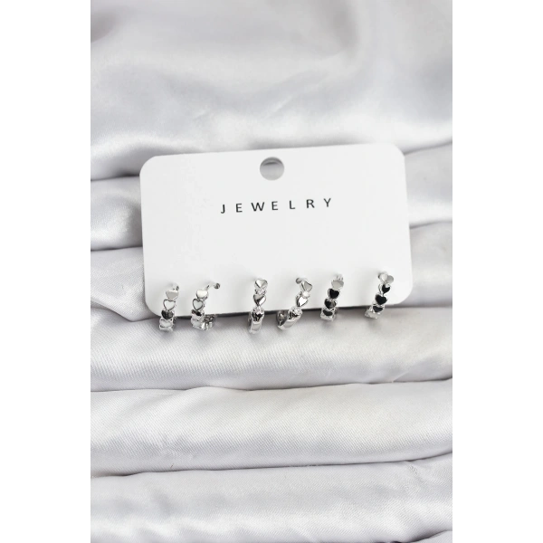 Gümüş Renk Pirinç Minimal Kalp Detaylı Kadın Küpe Seti