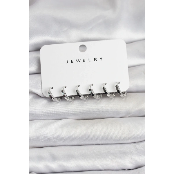 Gümüş Renk Pirinç Minimal Petek Detaylı Kadın Küpe Seti