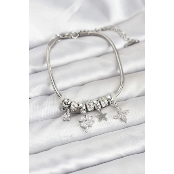 Gümüş Renk Pirinç Yonca Charmlı Kadın Bileklik