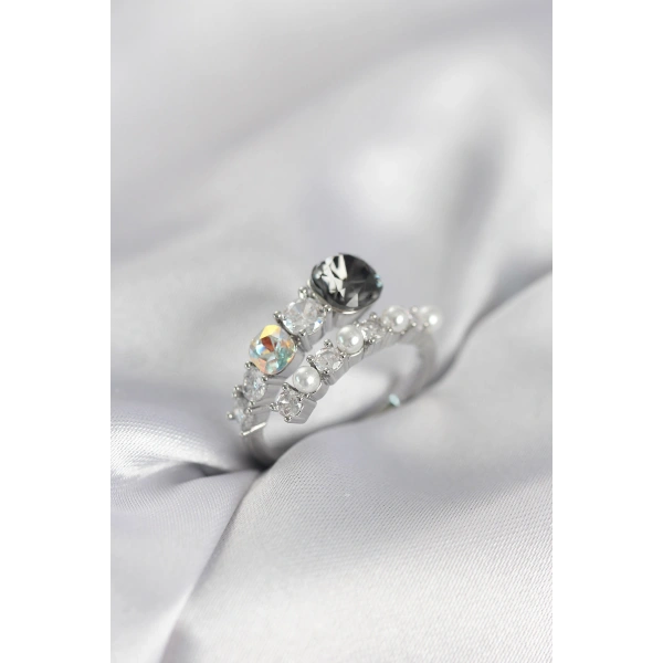 Gümüş Renk Pirinç Zirkon Taşlı İncili Kadın Yüzük