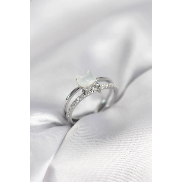 Gümüş Renk Sedefli Kedi Model Fiyonklu Zirkon Taşlı Kadın Yüzük