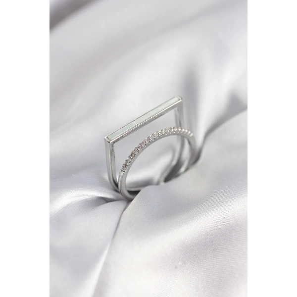 Gümüş Renk Sedefli Zirkon Taşlı 2li Kadın Yüzük