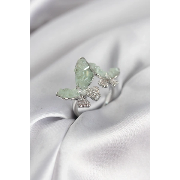 Gümüş Renk Su Yeşili Kelebek Model Zirkon Taşlı Kadın Yüzük