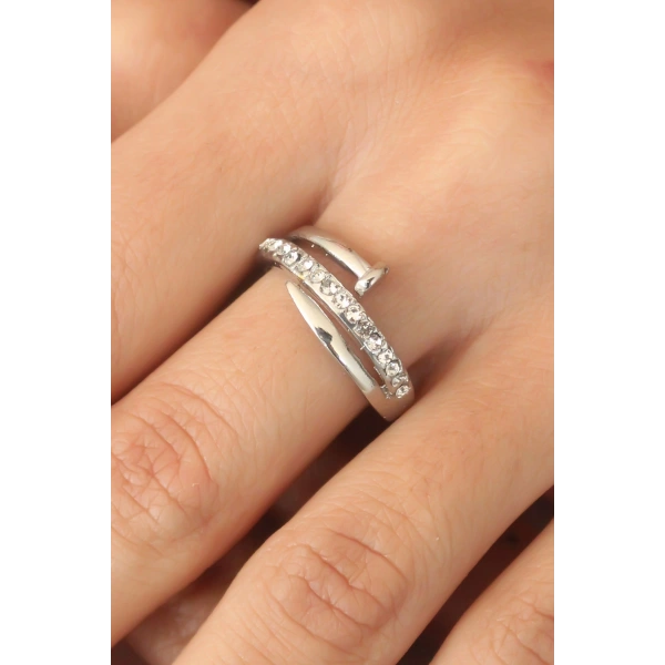 Gümüş Renk Taşlı Çivi Ayarlanabilir Kadın Yüzük