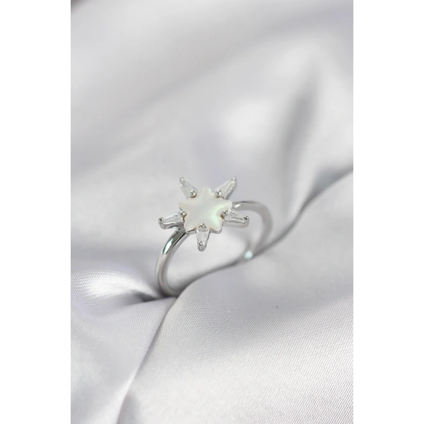 Gümüş Renk Yıldız Model Sedefli Zirkon Taşlı Kadın Yüzük