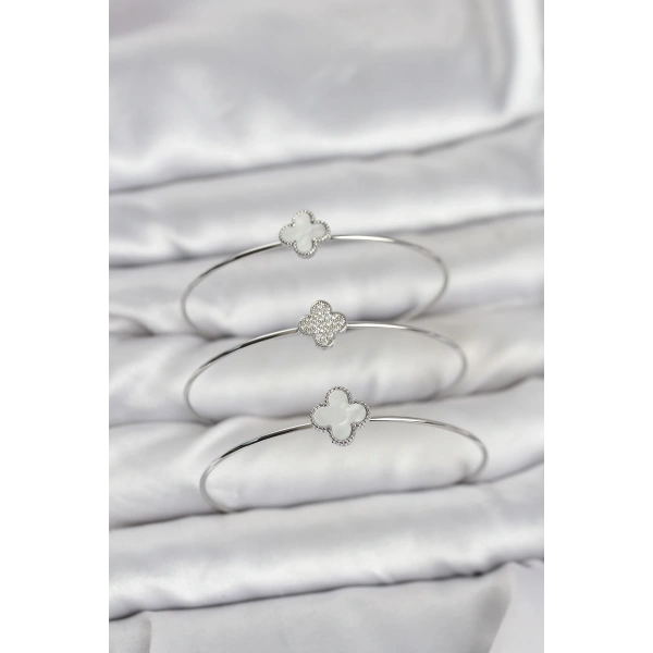 Gümüş Renk Yonca Model Zirkon Taşlı 3lü Kadın Bileklik Kombini