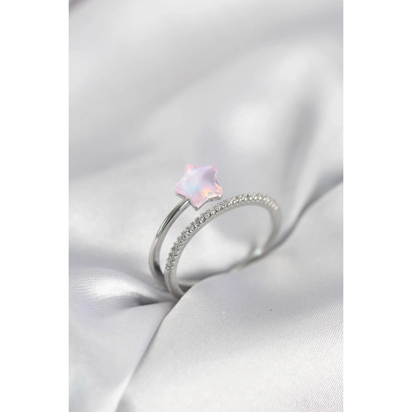 Gümüş Renk Zirkon Taşlı Pembe Halley Model Kadın Yüzük